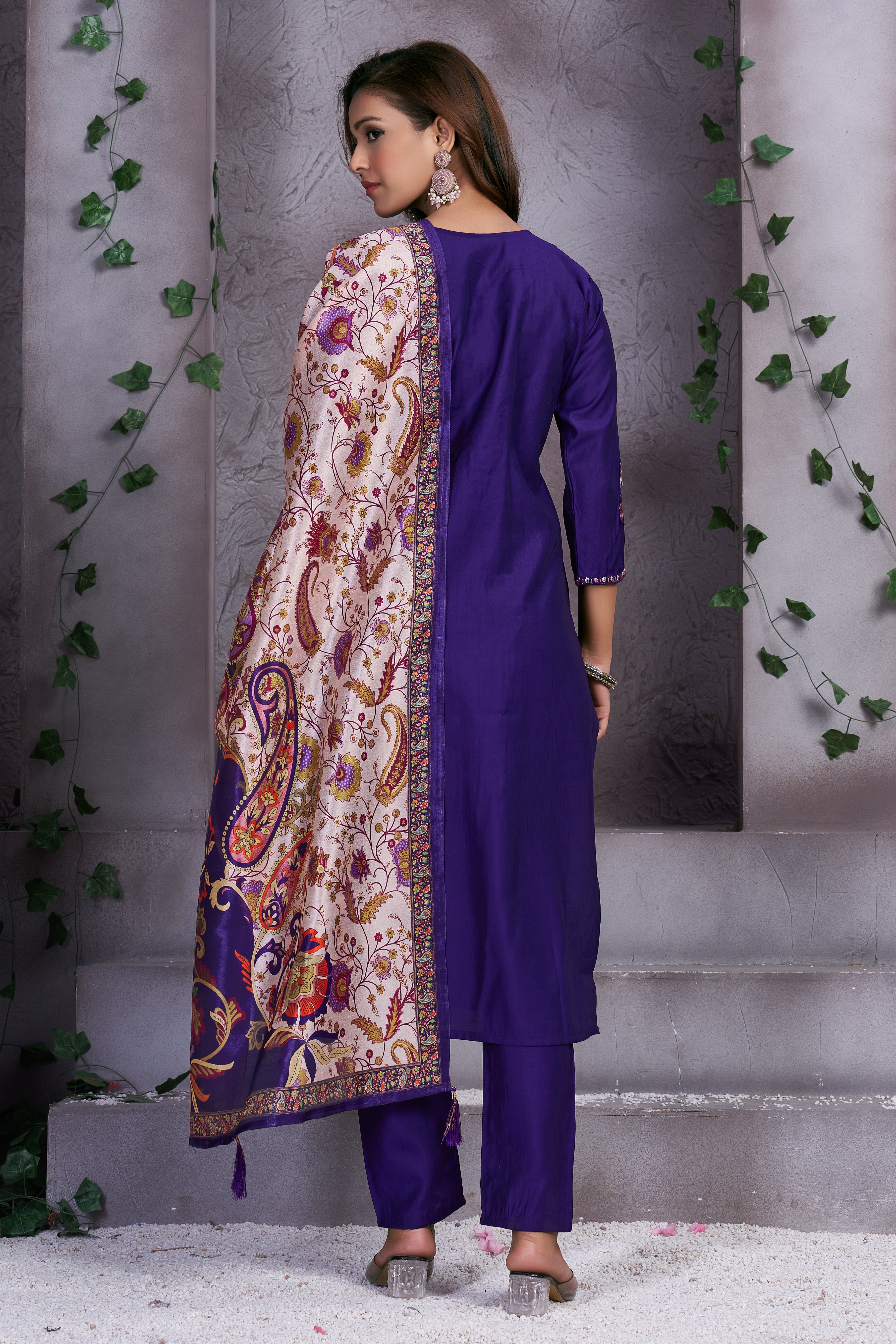 Hanch Premium Marina Silk Embroidered Straight Kurti Set – Violet