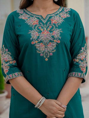 Hanch Premium Roman Silk Embroidered Straight Kurti Set – Rama Green