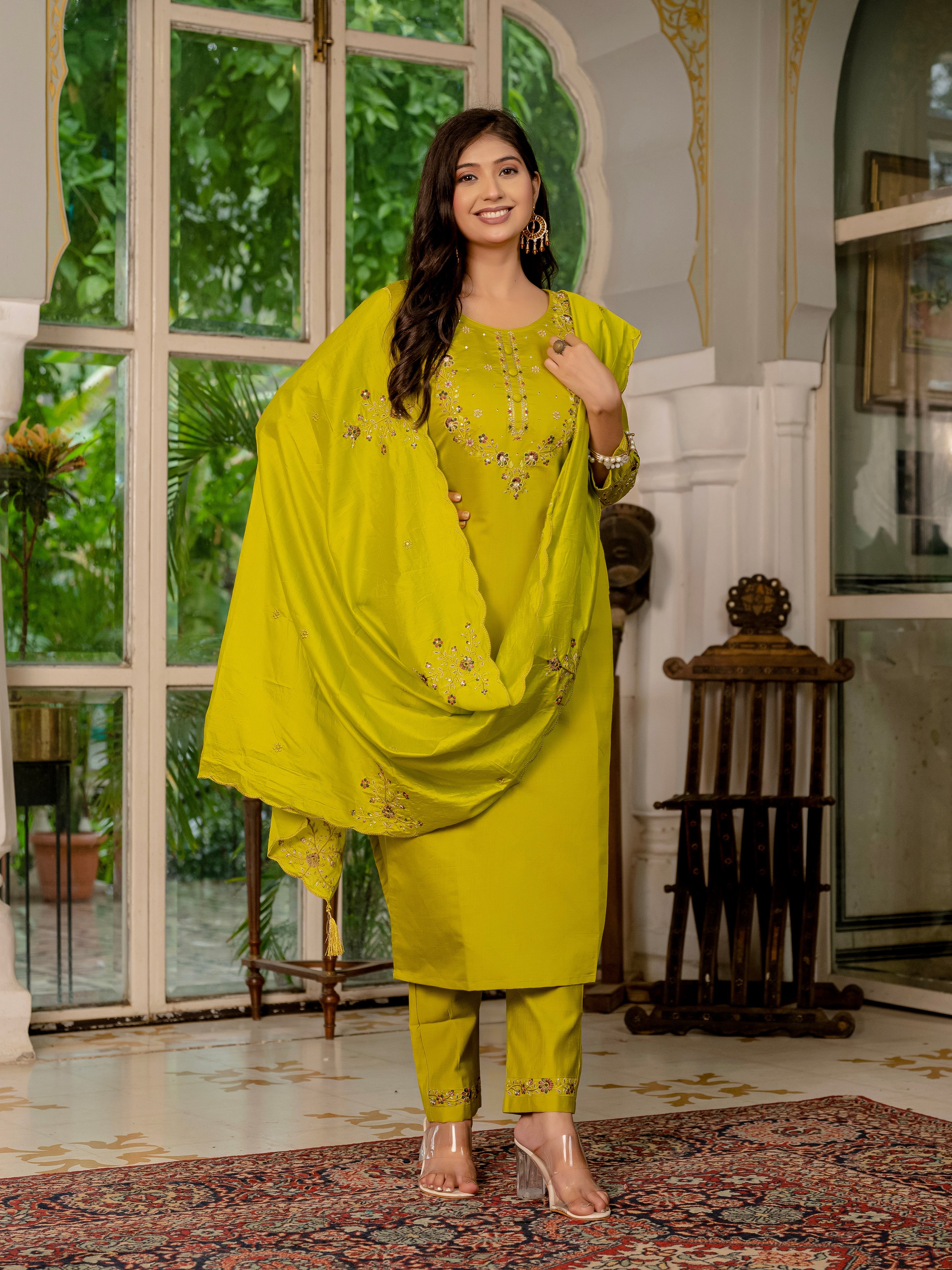 Hanch Marina Silk Embroidered Straight Kurti Set – Mustard Yellow