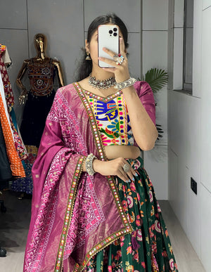 Navratri Green Floral Dola Lehenga Set - Blouse Unstitched