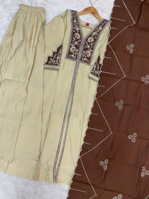 Hanch Roman Silk Embroidered Anarkali Kurti Set – Cream
