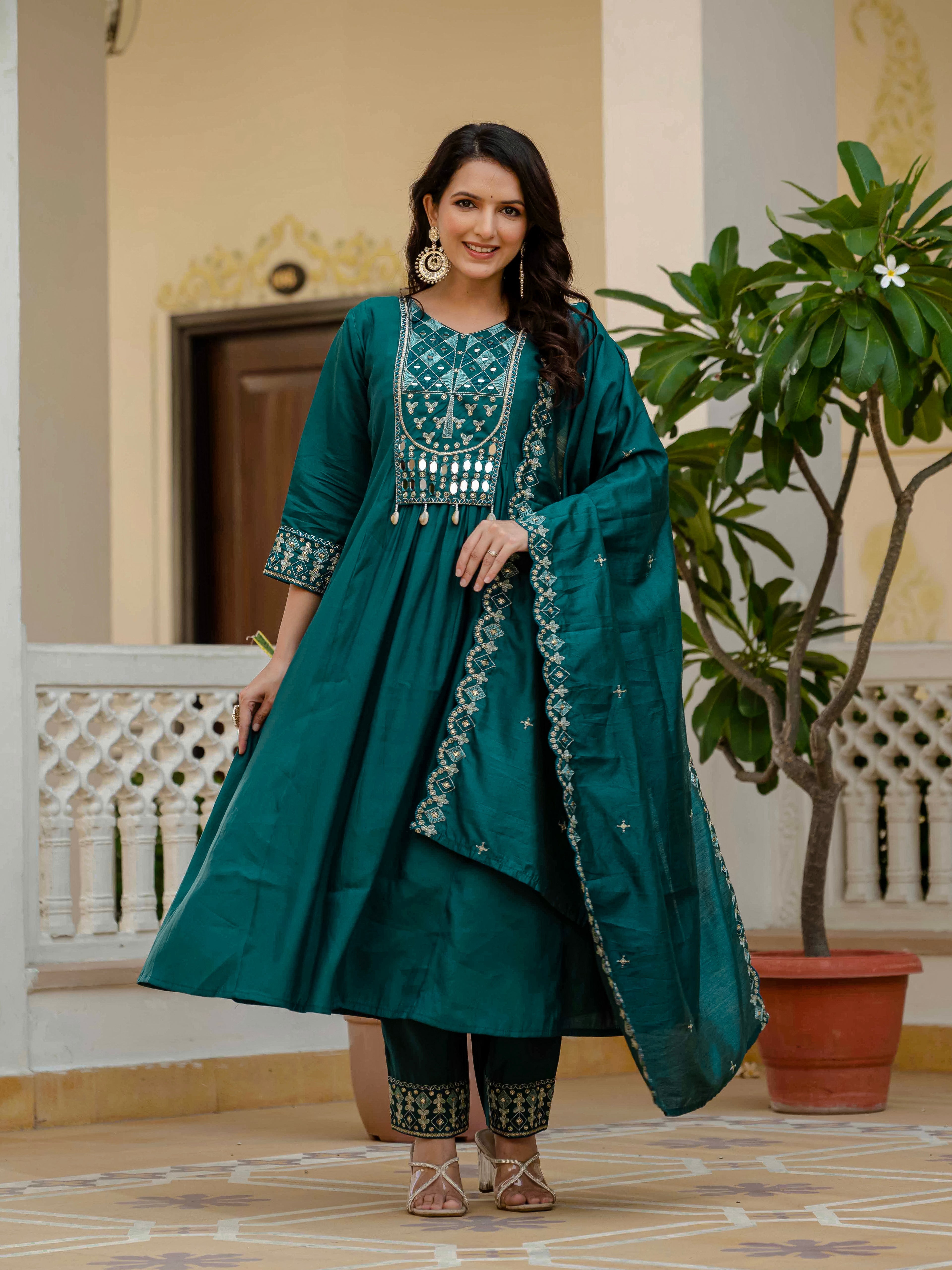 Hanch Viscose Roman Silk Embroidered Anarkali Kurti Set – Teal