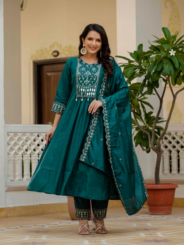 Hanch Viscose Roman Silk Embroidered Anarkali Kurti Set – Teal