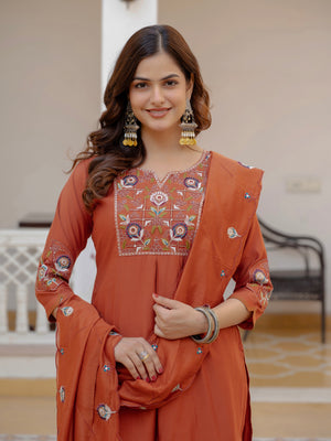 Hanch Pure Viscose Mango Silk Embroidered Straight Kurti Set – Rust