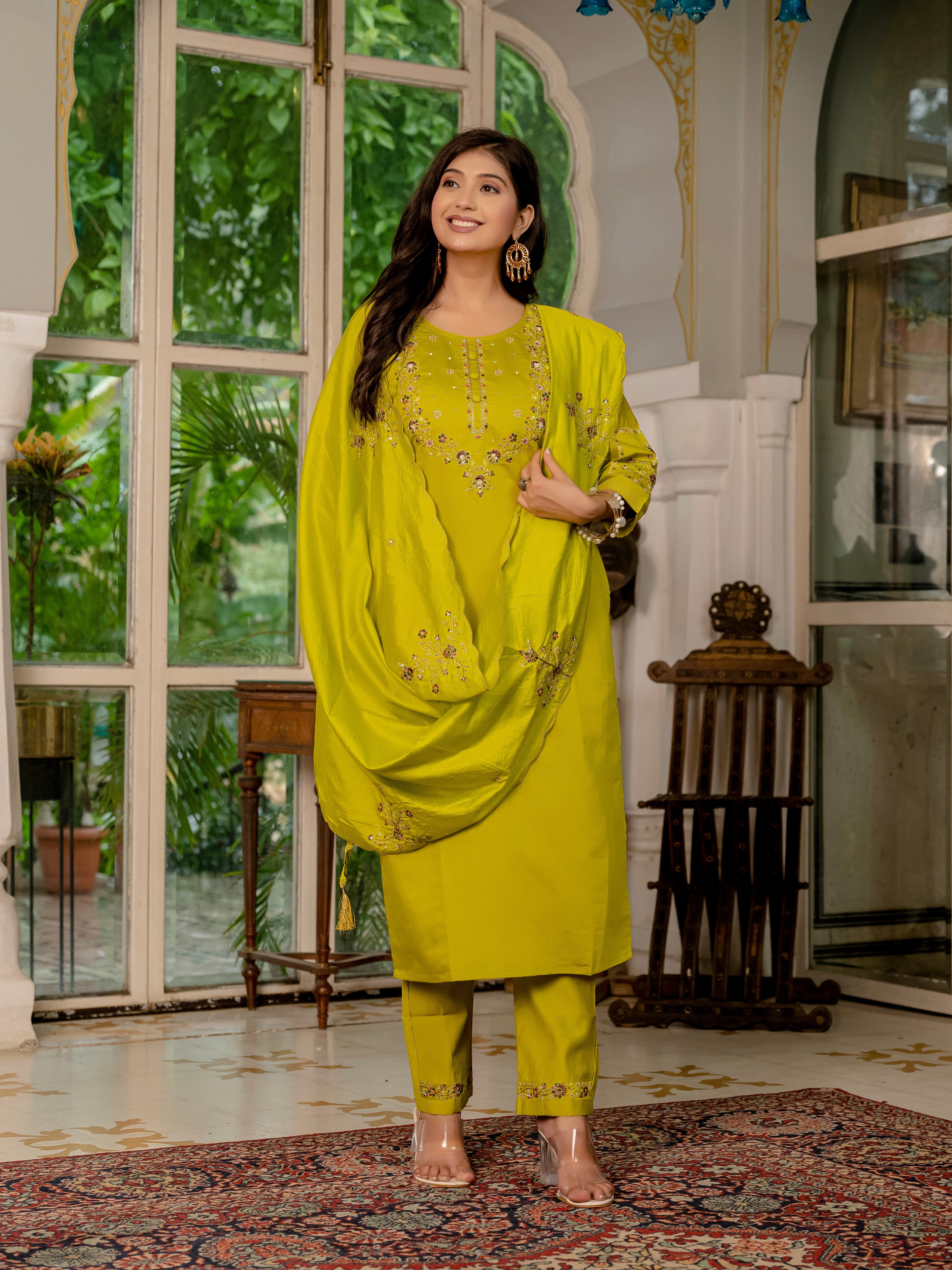 Hanch Marina Silk Embroidered Straight Kurti Set – Mustard Yellow