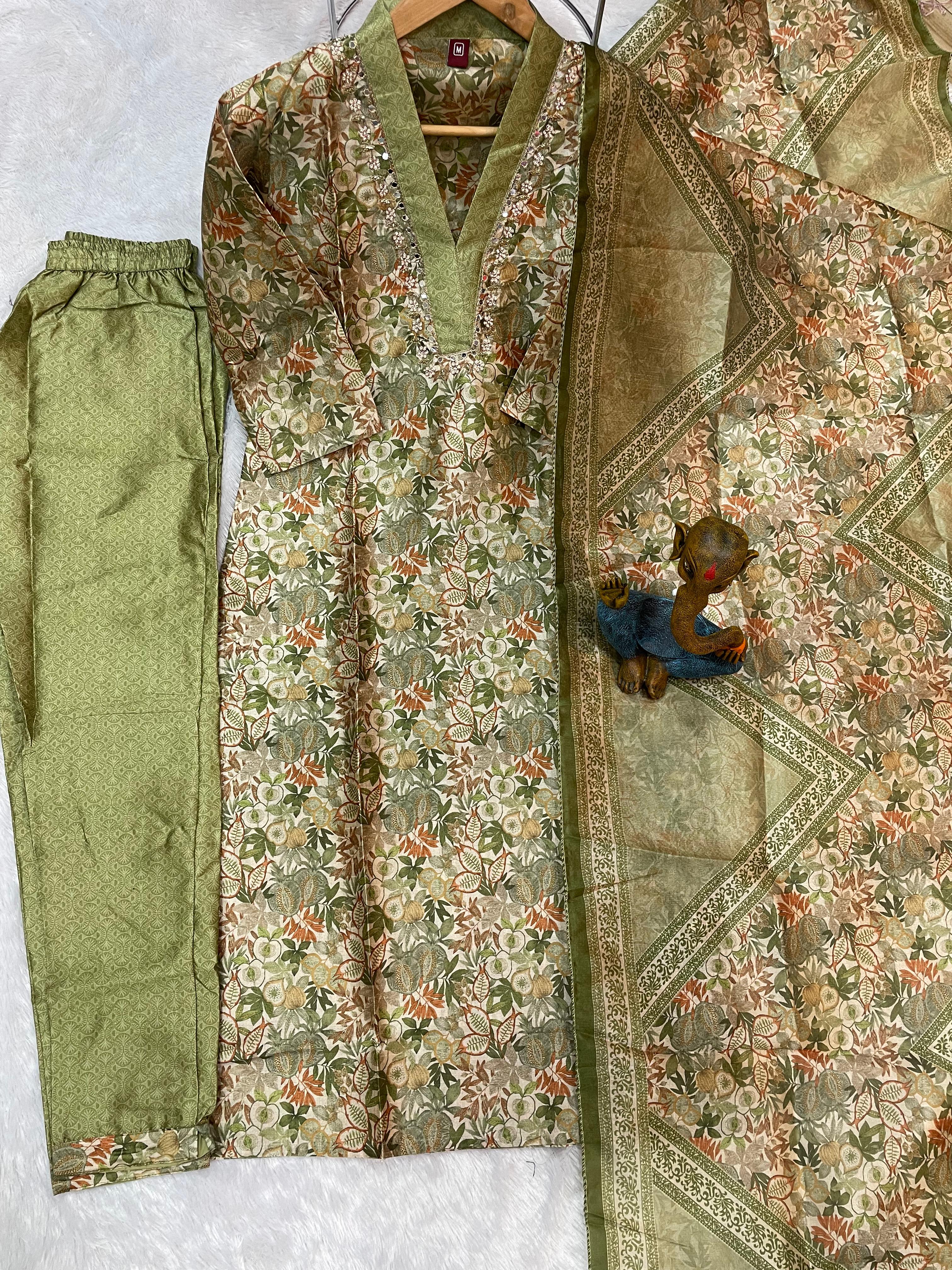 Hanch Zarna Silk Embroidered Straight Kurti Set – Sage Green