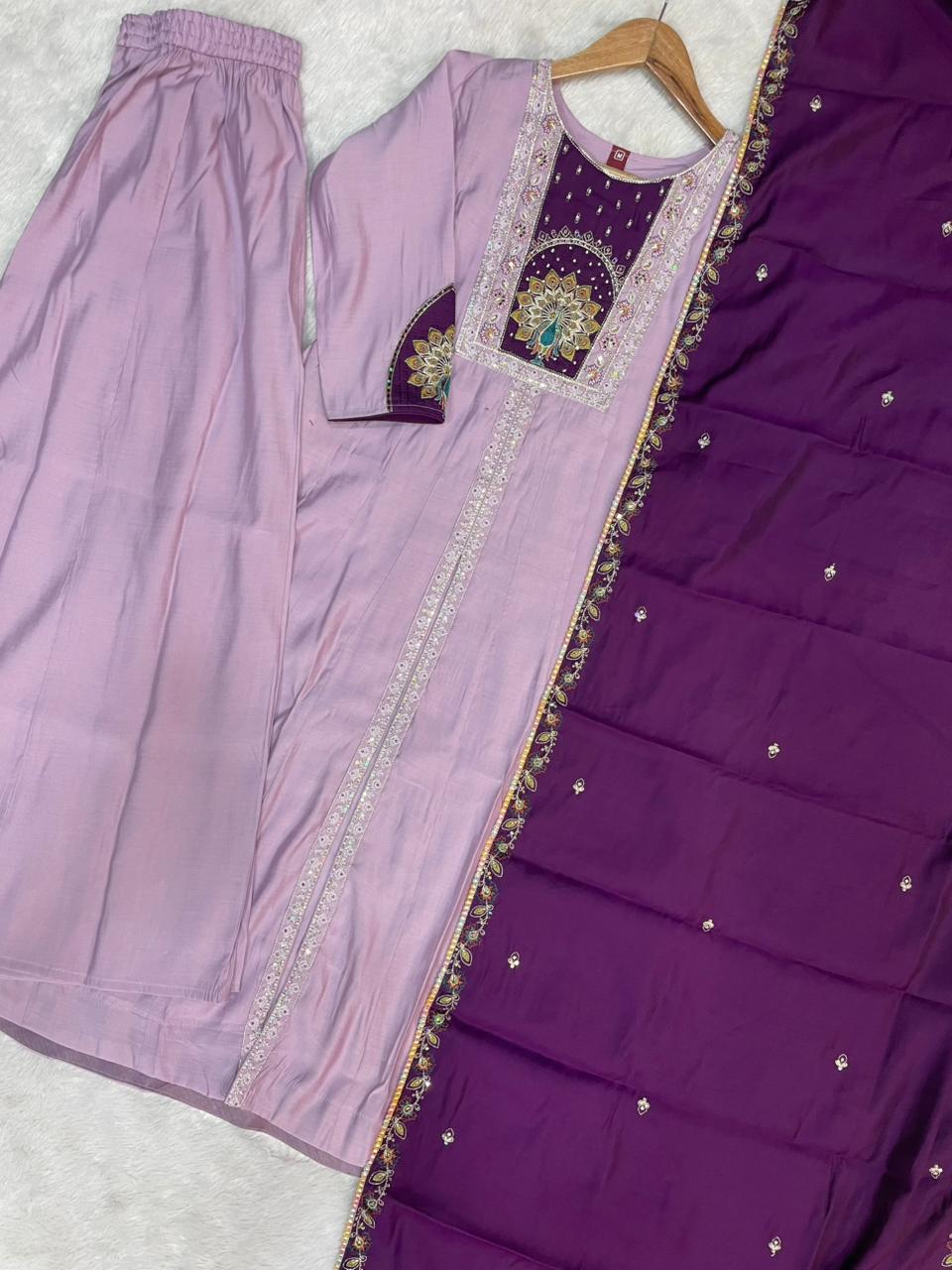 Hanch Roman Silk Embroidered Anarkali Kurti Set – Light Lovender