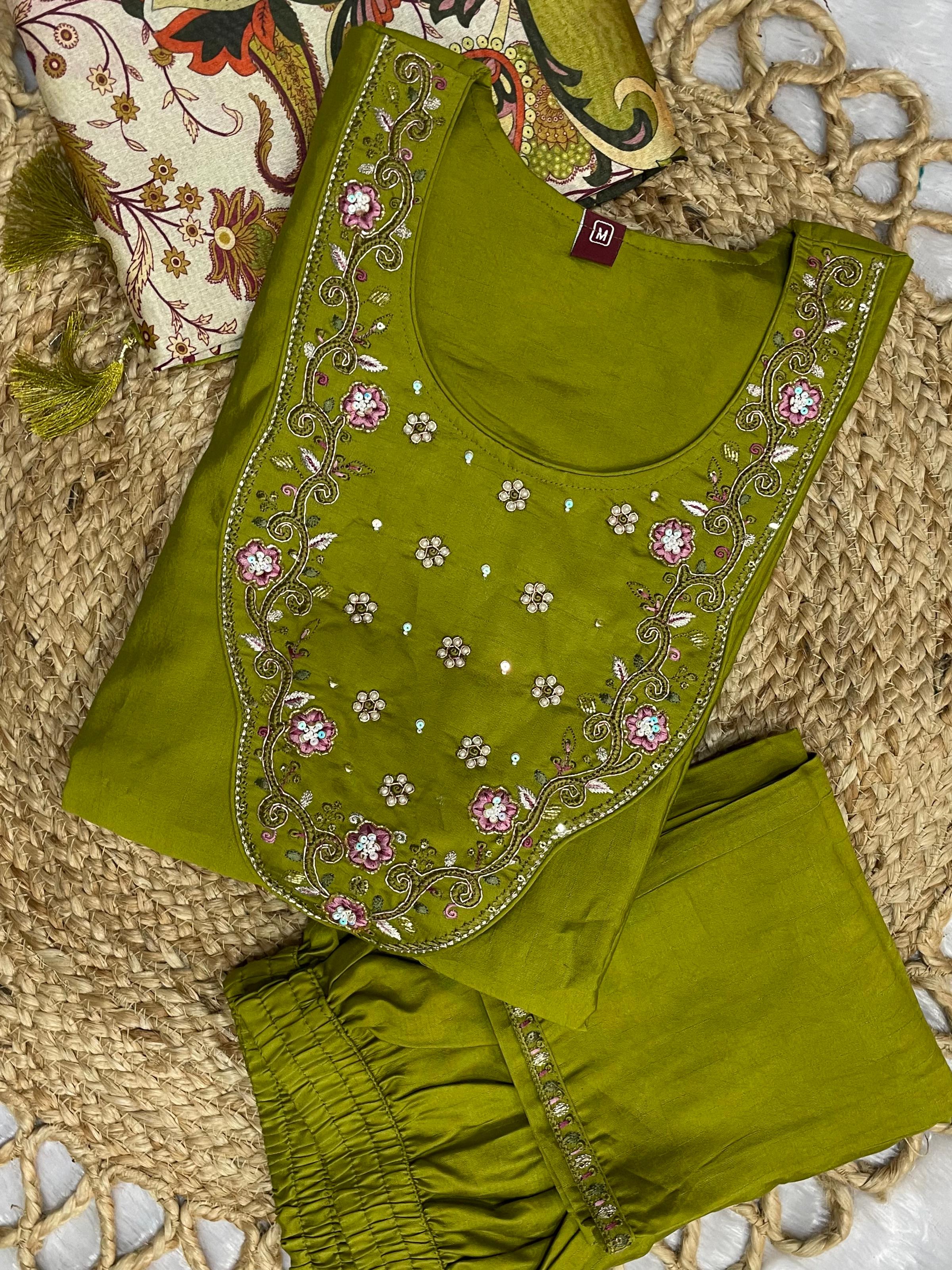 Hanch Premium Marina Silk Embroidered Straight Kurti Set – Parrot Green