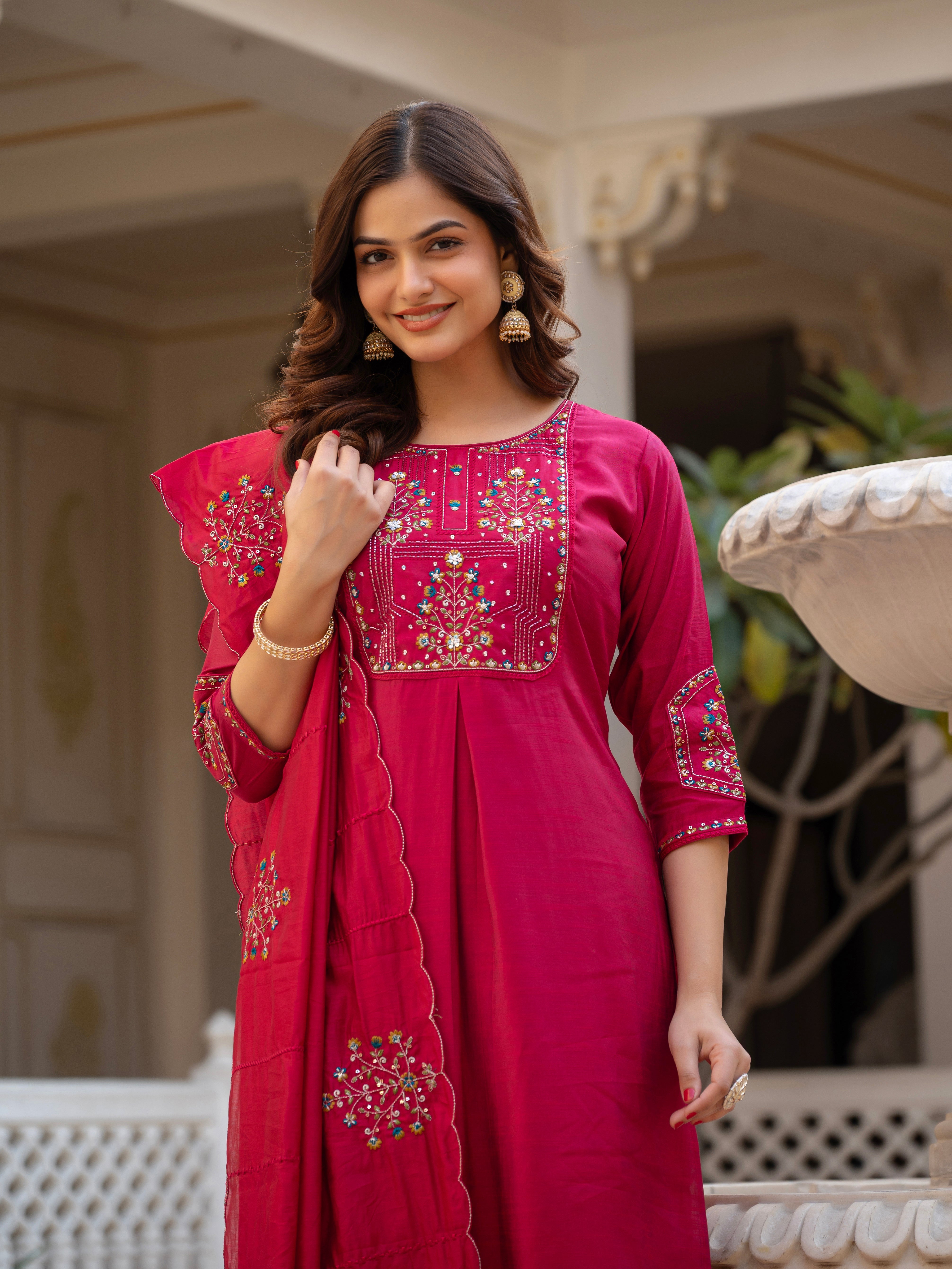 Hanch Pure Viscose Mango Silk Embroidered Straight Kurti Set – Pink