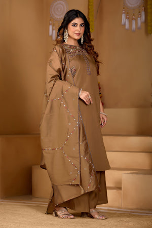 Hanch Viscose Mango Silk Embroidered Anarkali Kurti Set – Coffee