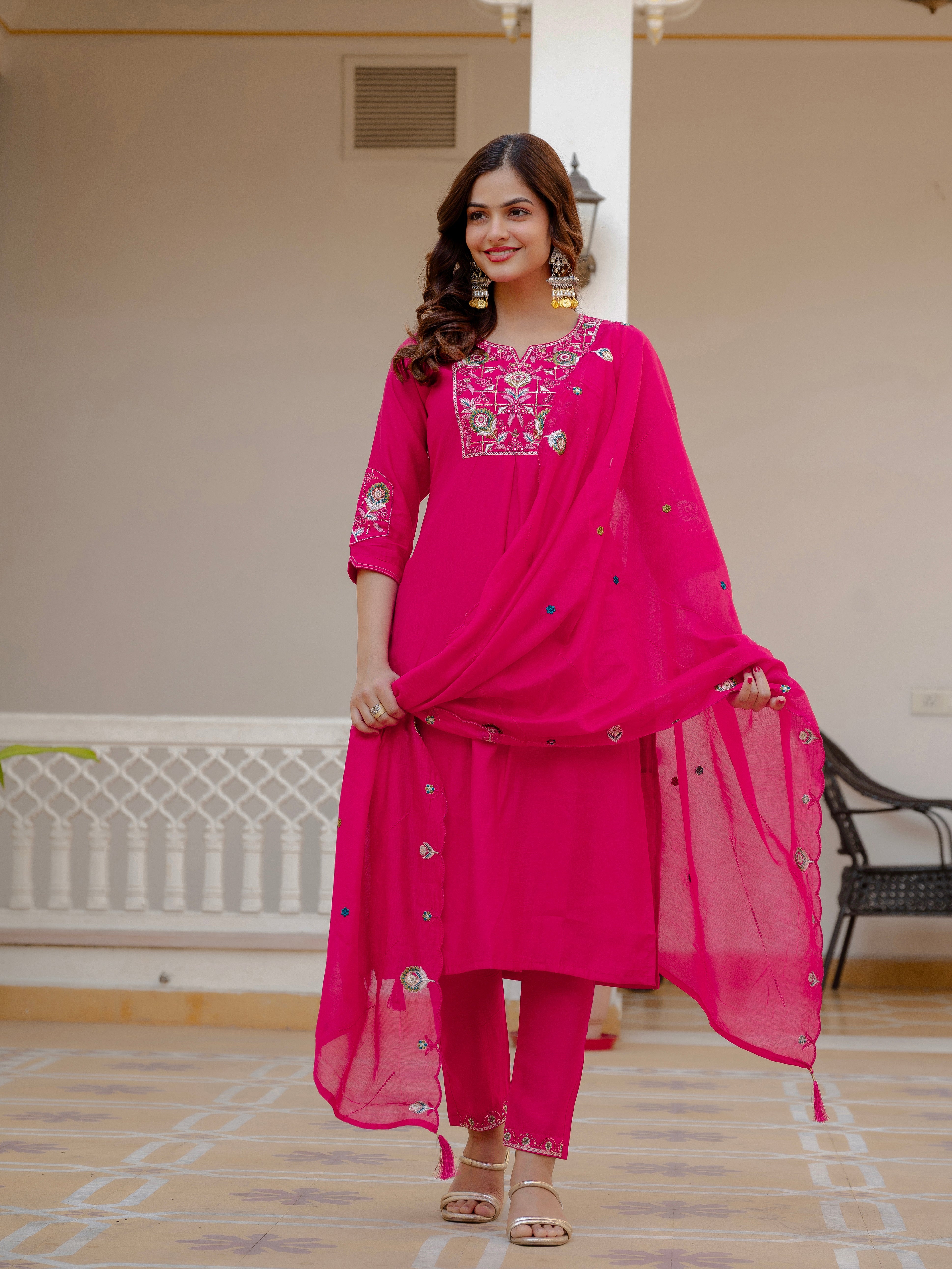 Hanch Pure Viscose Mango Silk Embroidered Straight Kurti Set – Pink