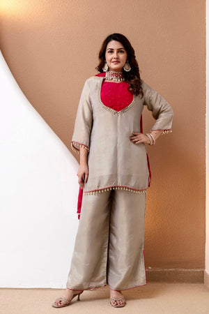 Hanch Roman Glass Silk Embroidered Kurti + Blouse + Palazzo Set – Ivory & Rani Pink