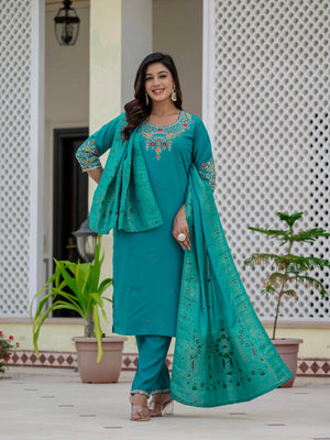 Hanch Premium Roman Silk Embroidered Straight Kurti Set – Firozi