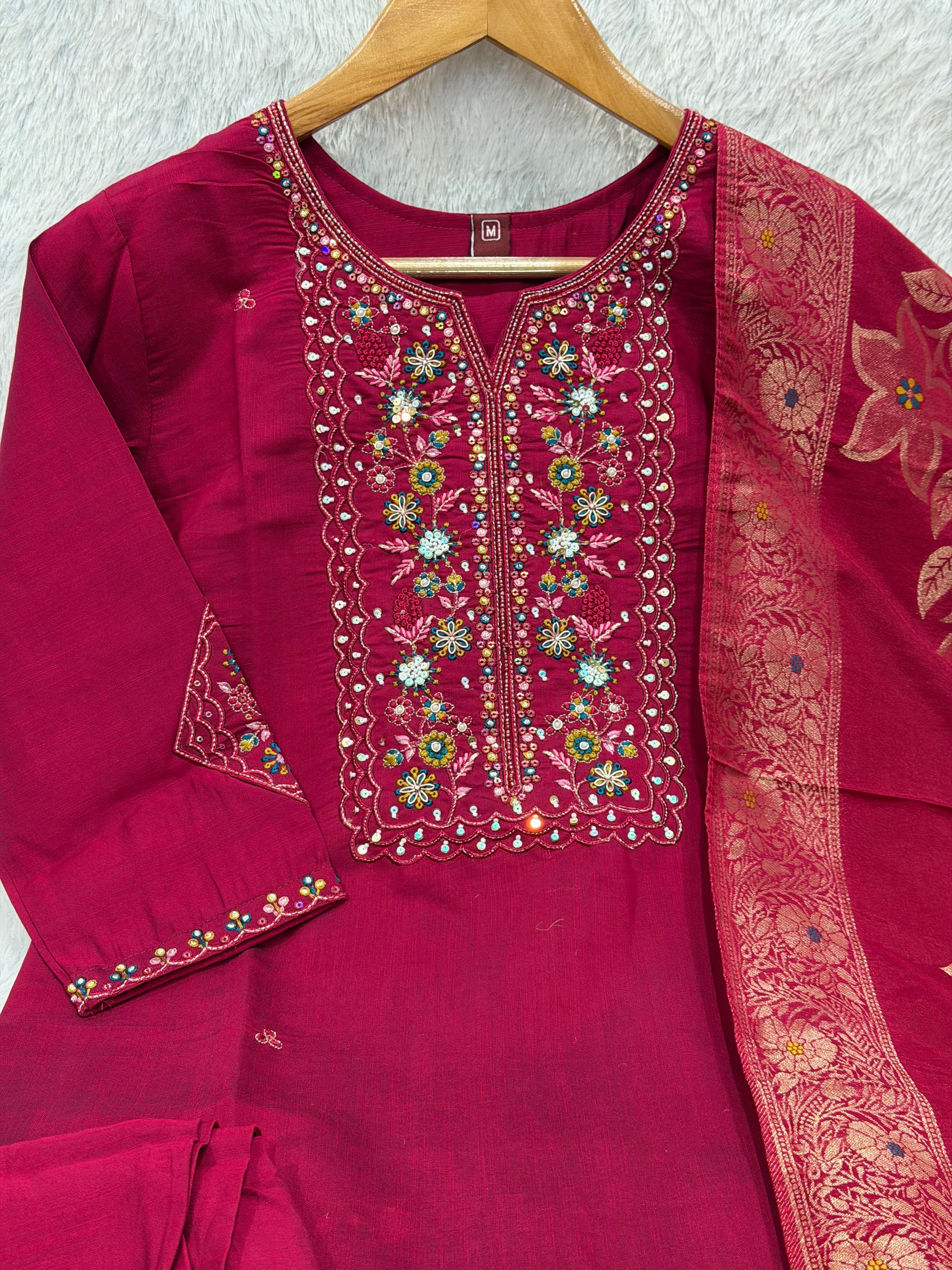 Hanch Pure Viscose Mango Silk Embroidered Straight Kurti Set – Rani