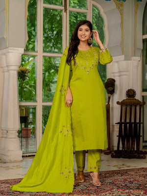 Hanch Marina Silk Embroidered Straight Kurti Set – Parrot Green