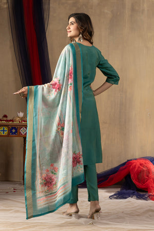 Hanch Shimmer Gold Silk Embroidered Straight Kurti Set – Rama Green
