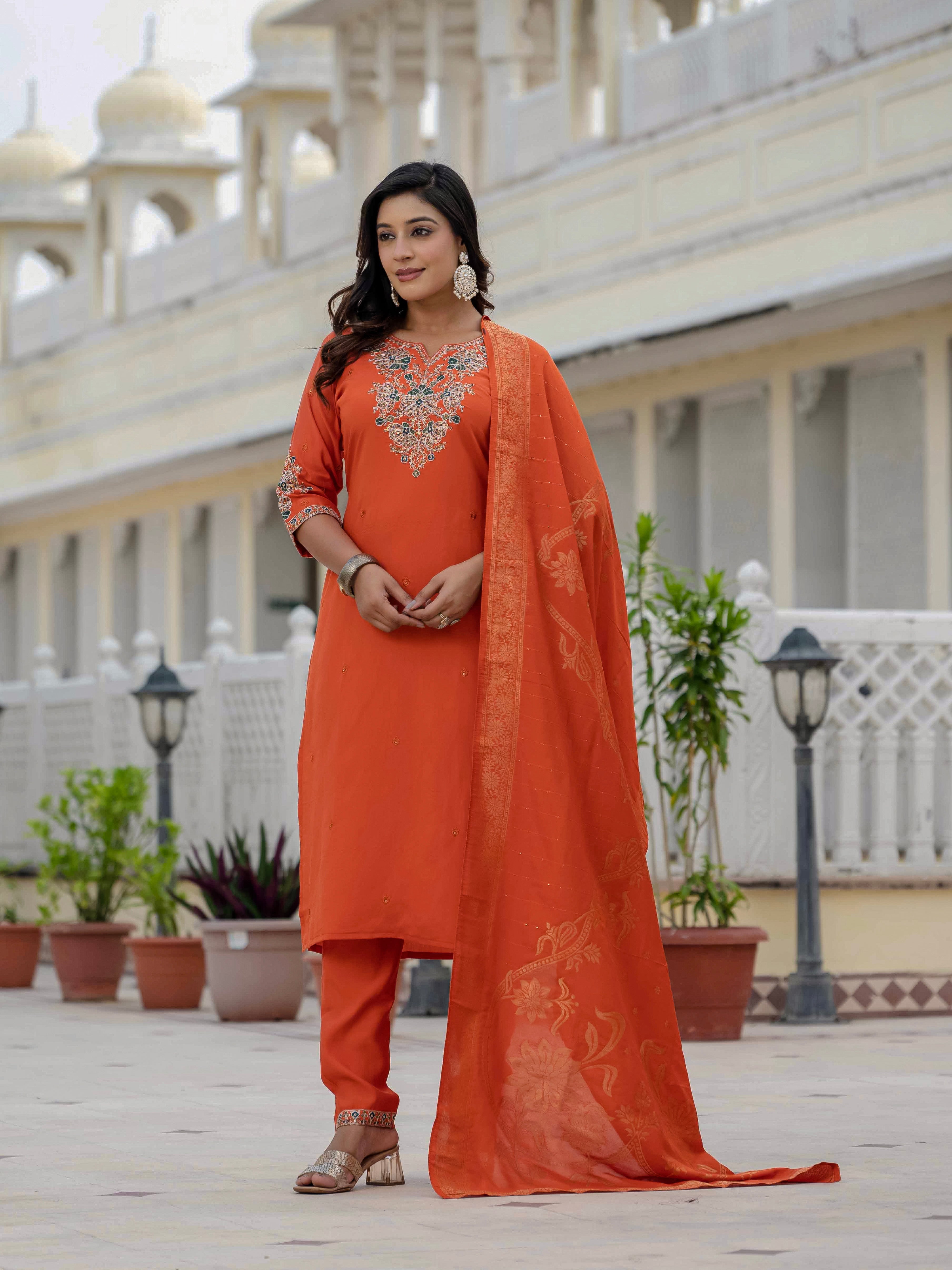 Hanch Premium Roman Silk Embroidered Straight Kurti Set – Orange