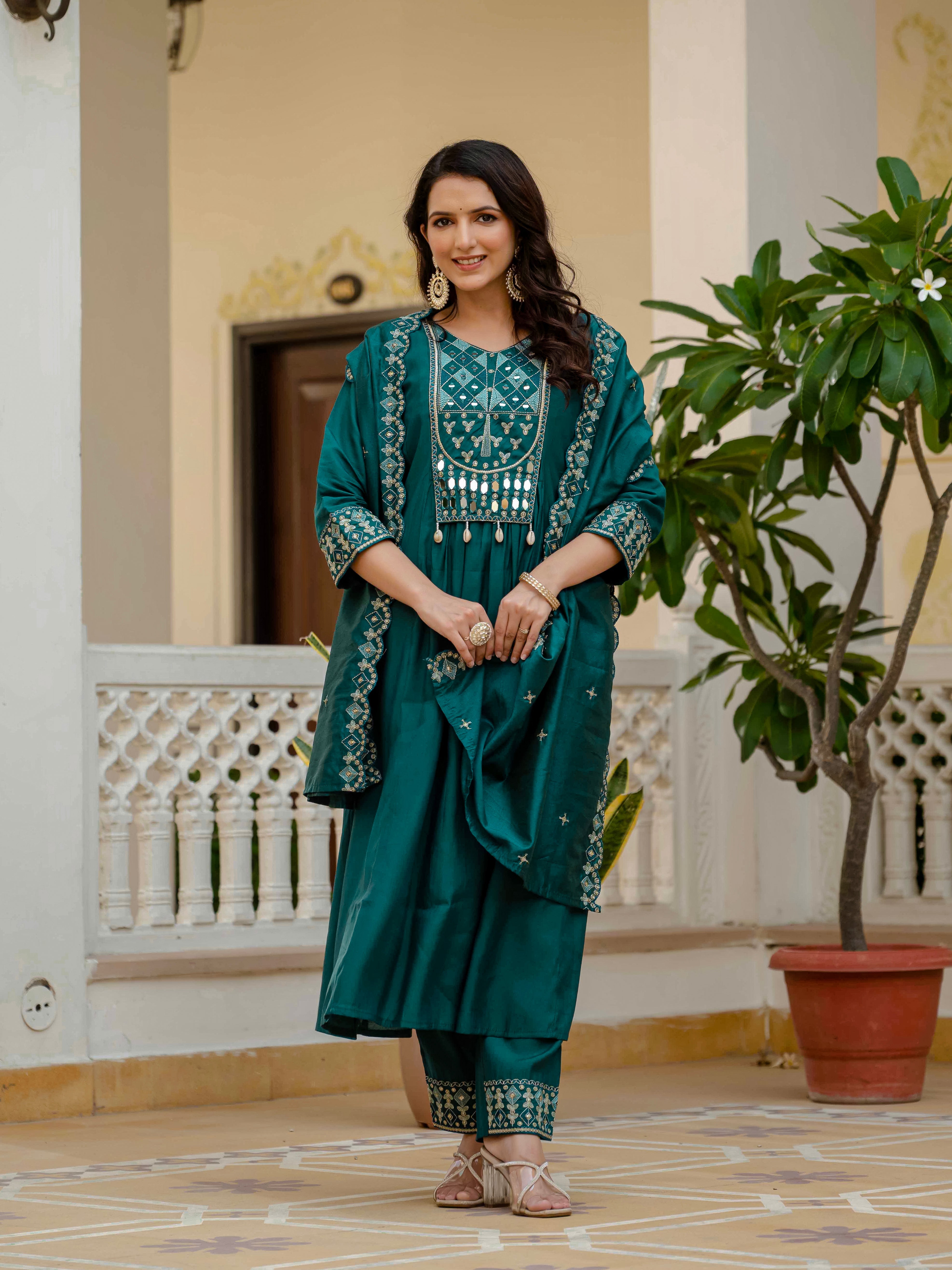 Hanch Viscose Roman Silk Embroidered Anarkali Kurti Set – Teal