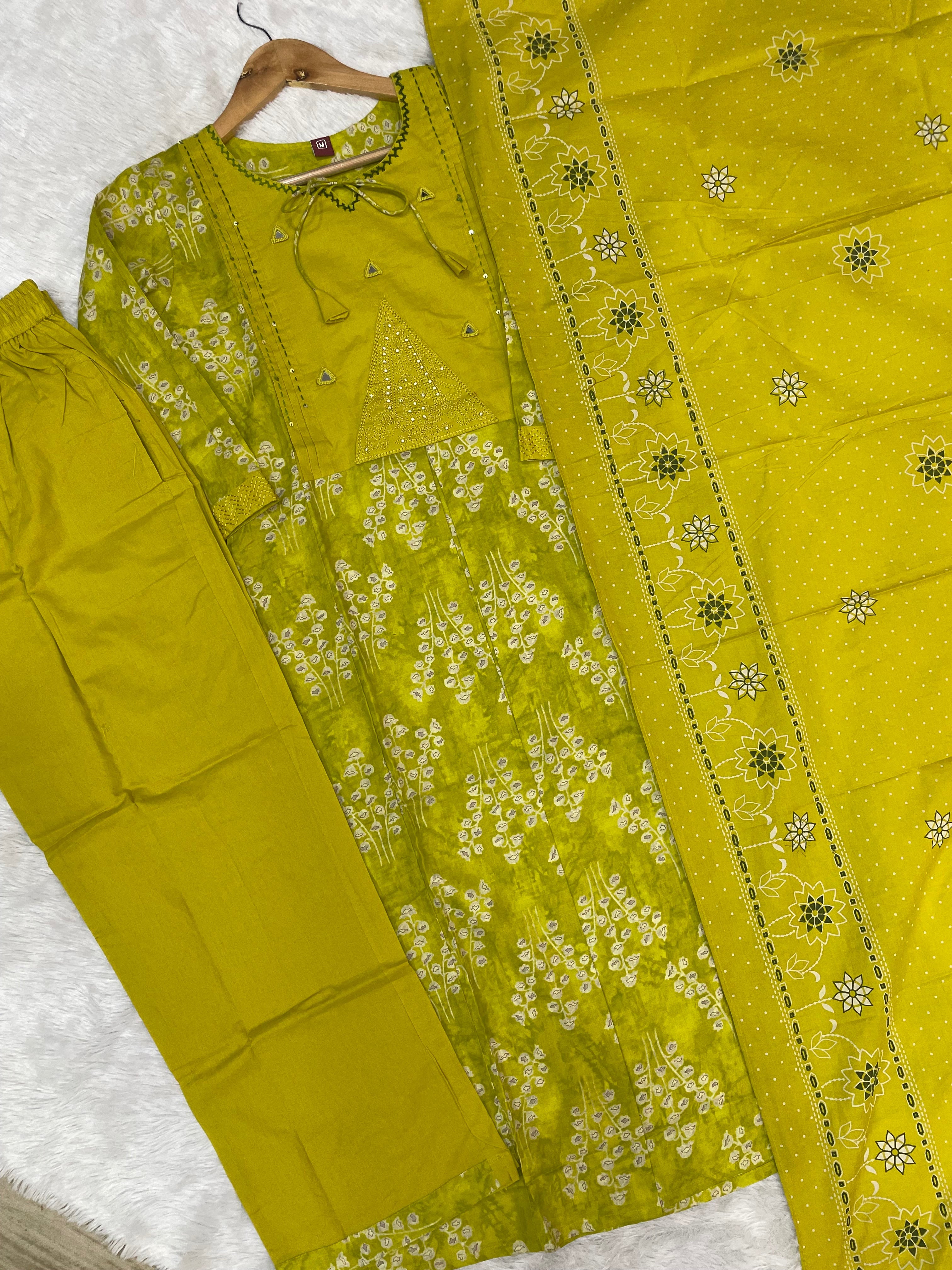 Hanch Pure Cotton Embroidered Straight Kurti Set – Yellow Green