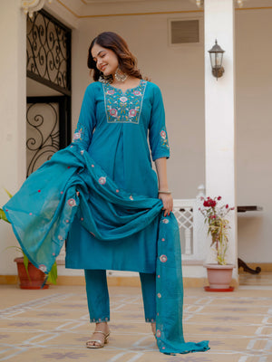 Hanch Pure Viscose Mango Silk Embroidered Straight Kurti Set – Firozi