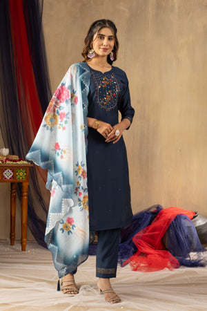 Hanch Viscose Mango Silk Embroidered Straight Kurti Set – Navy Blue