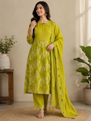 Hanch Pure Cotton Embroidered Straight Kurti Set – Yellow Green