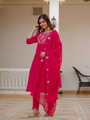 Hanch Pure Viscose Mango Silk Embroidered Straight Kurti Set – Pink