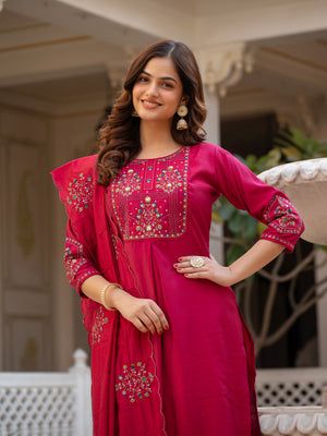 Hanch Pure Viscose Mango Silk Embroidered Straight Kurti Set – Pink