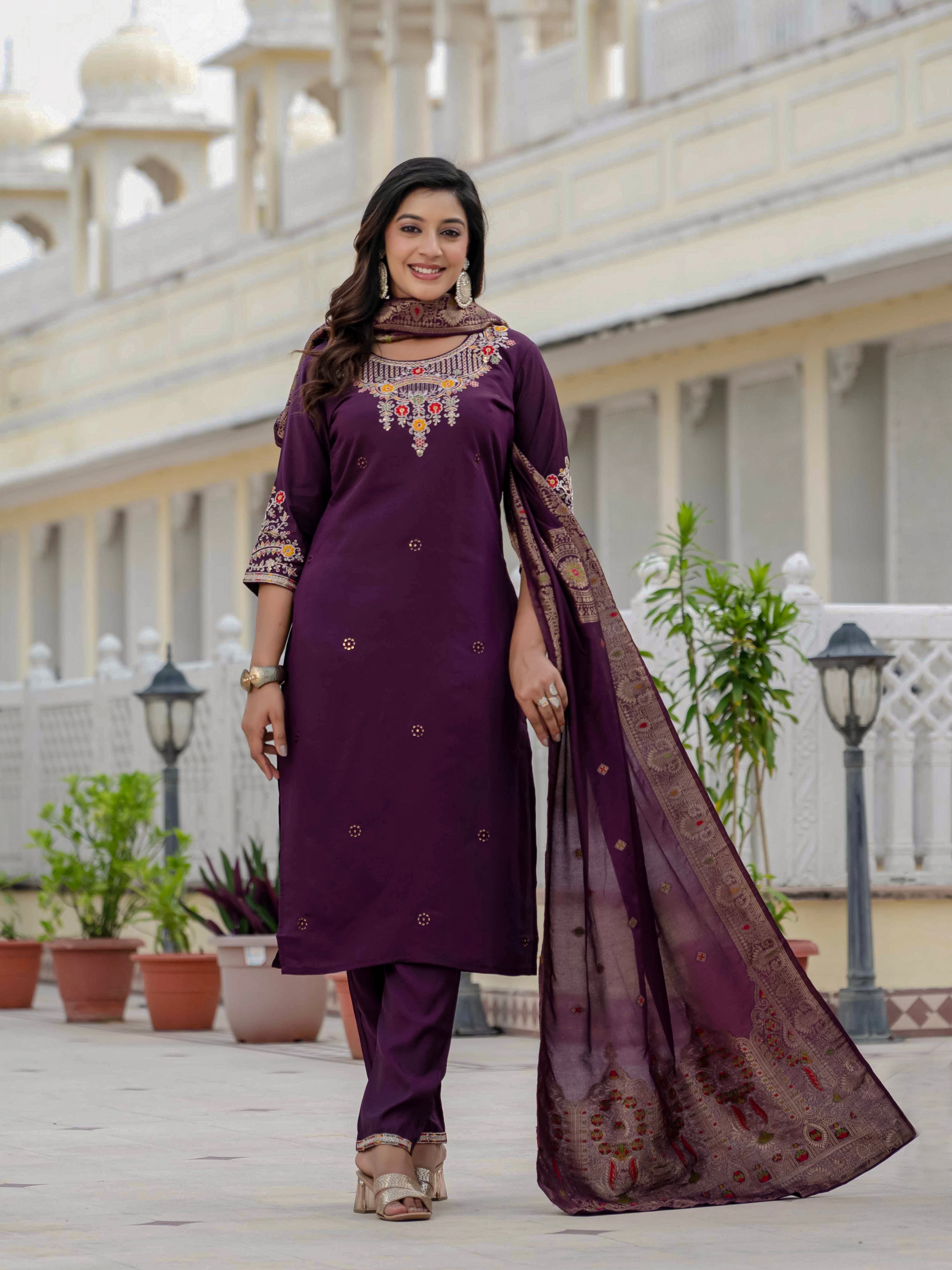 Hanch Premium Roman Silk Embroidered Straight Kurti Set – Wine