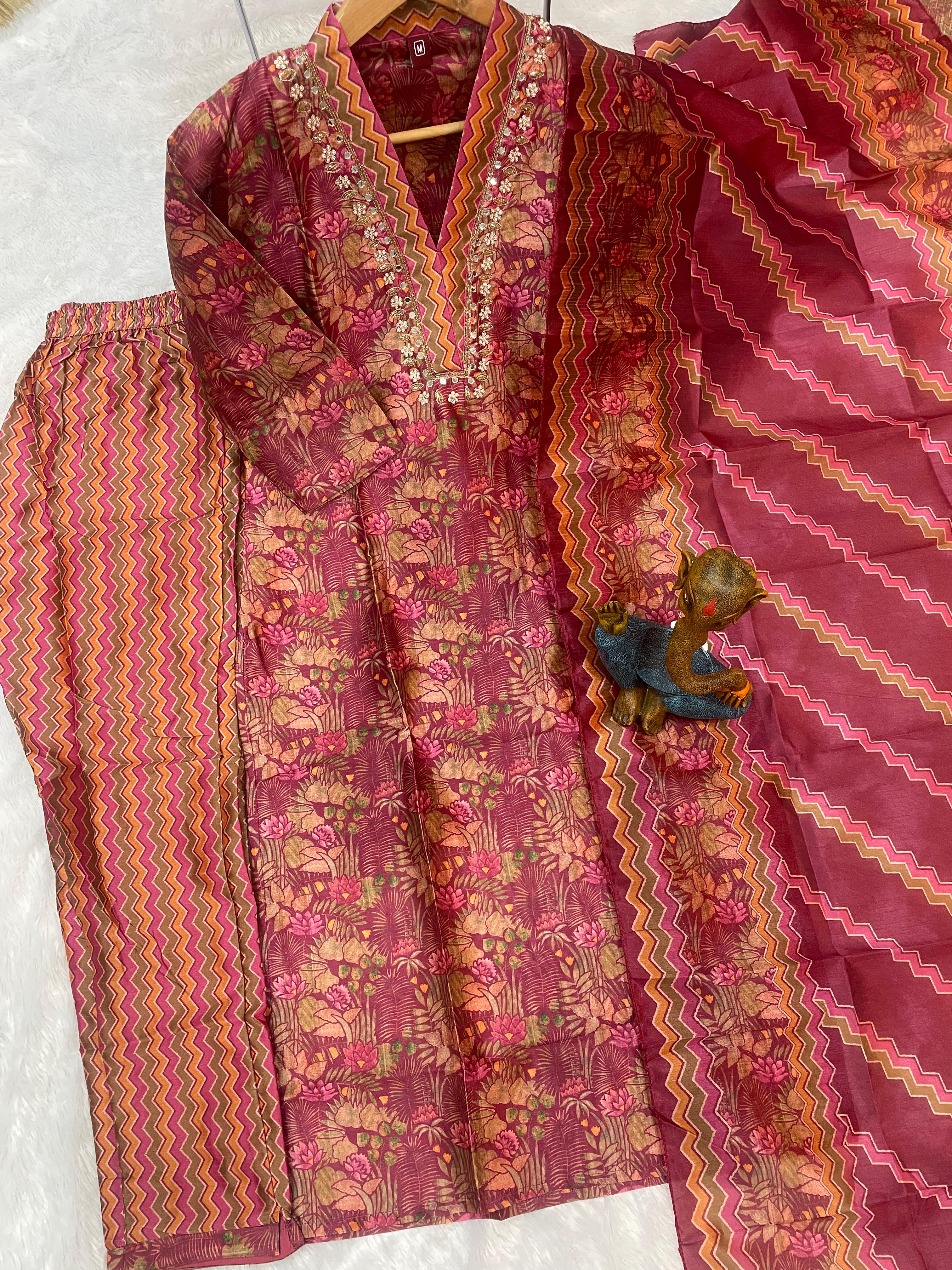 Hanch Zarna Silk Embroidered Straight Kurti Set – Maroon