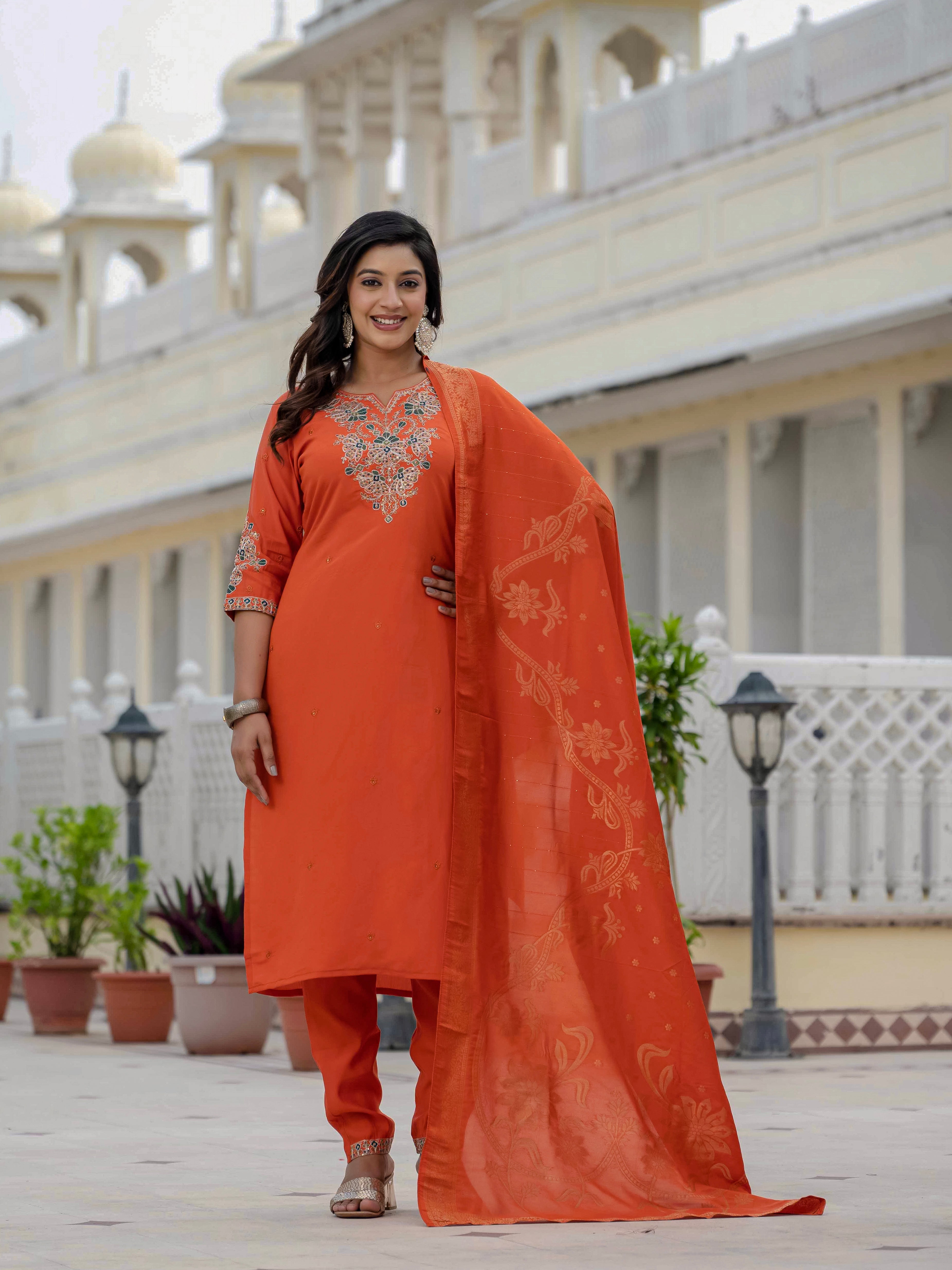 Hanch Premium Roman Silk Embroidered Straight Kurti Set – Orange
