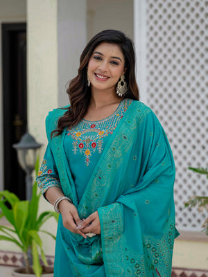 Hanch Premium Roman Silk Embroidered Straight Kurti Set – Firozi