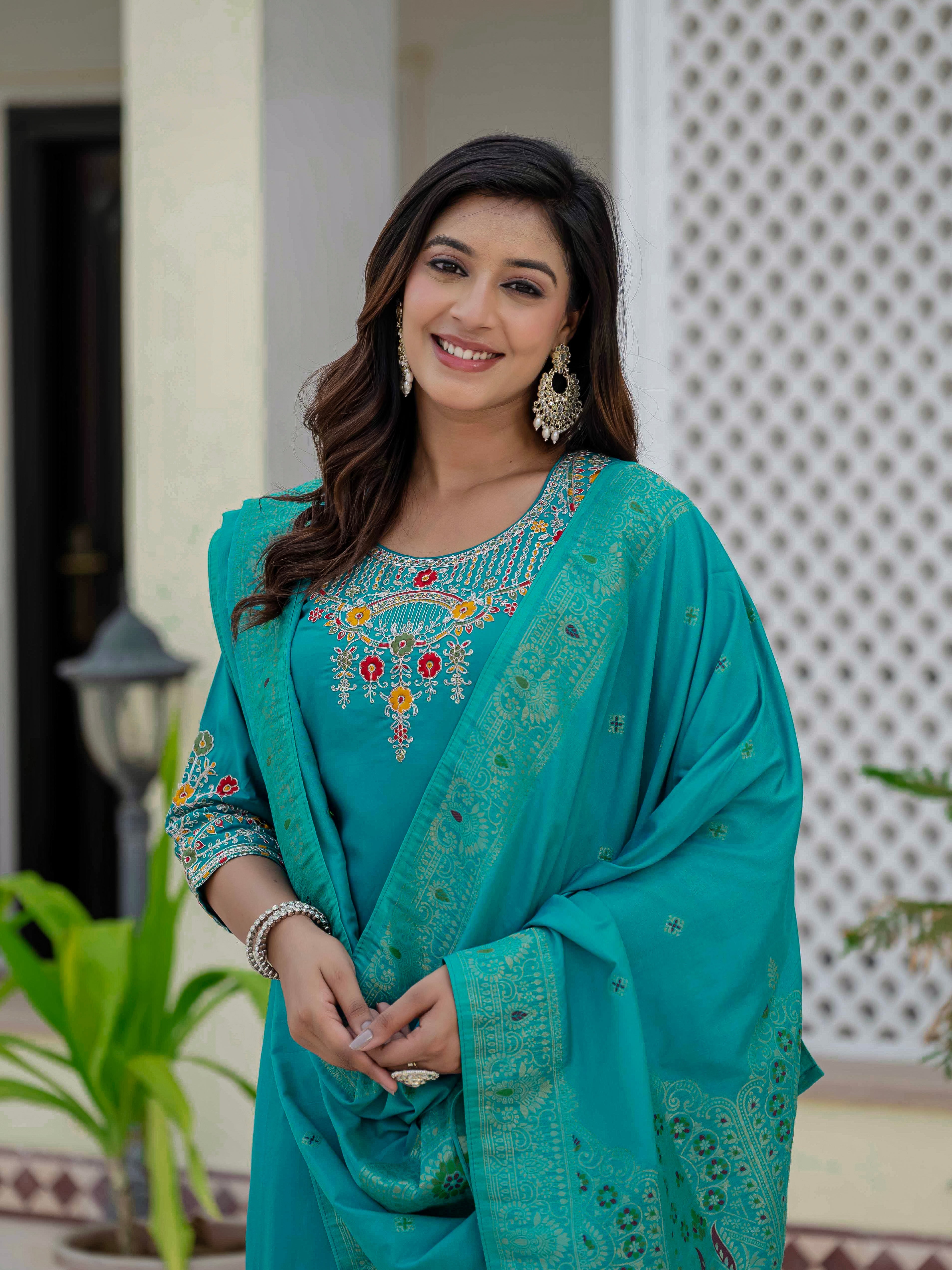 Hanch Premium Roman Silk Embroidered Straight Kurti Set – Firozi