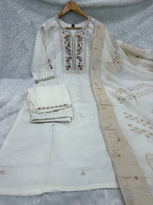 Hanch Pure Viscose Mango Silk Embroidered Straight Kurti Set – White