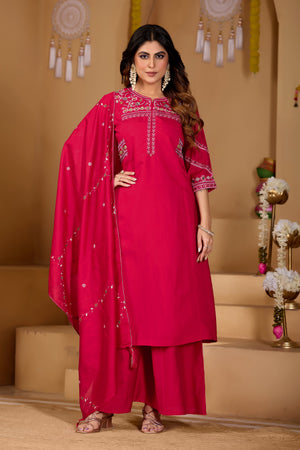 Hanch Viscose Mango Silk Embroidered Anarkali Kurti Set – Rani Pink