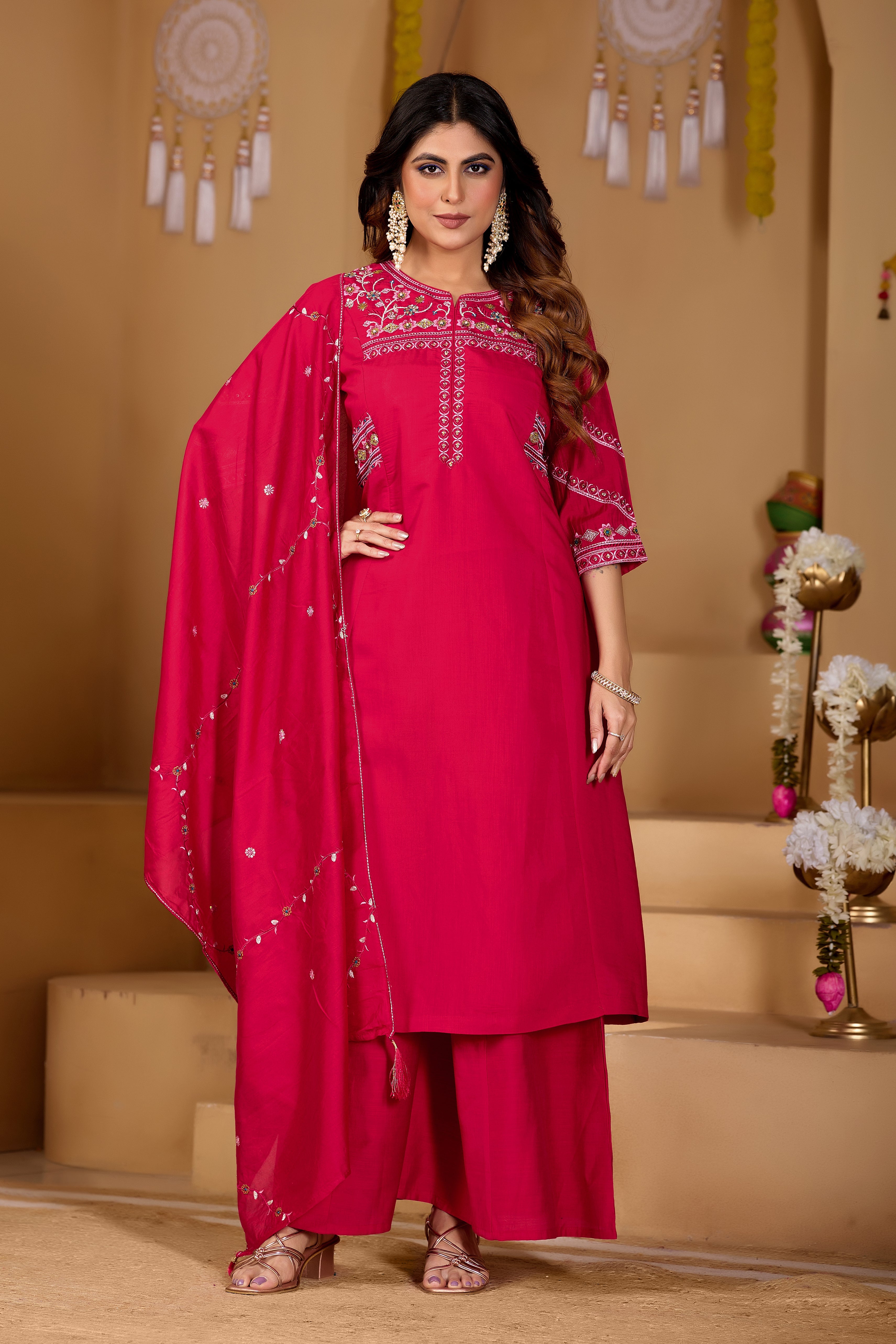 Hanch Viscose Mango Silk Embroidered Anarkali Kurti Set – Rani Pink