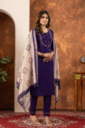 Hanch Marina Silk Embroidered Straight Kurti Set – Purple