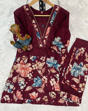 Hanch Pure Cotton Printed Co-Ords Set – Maroon