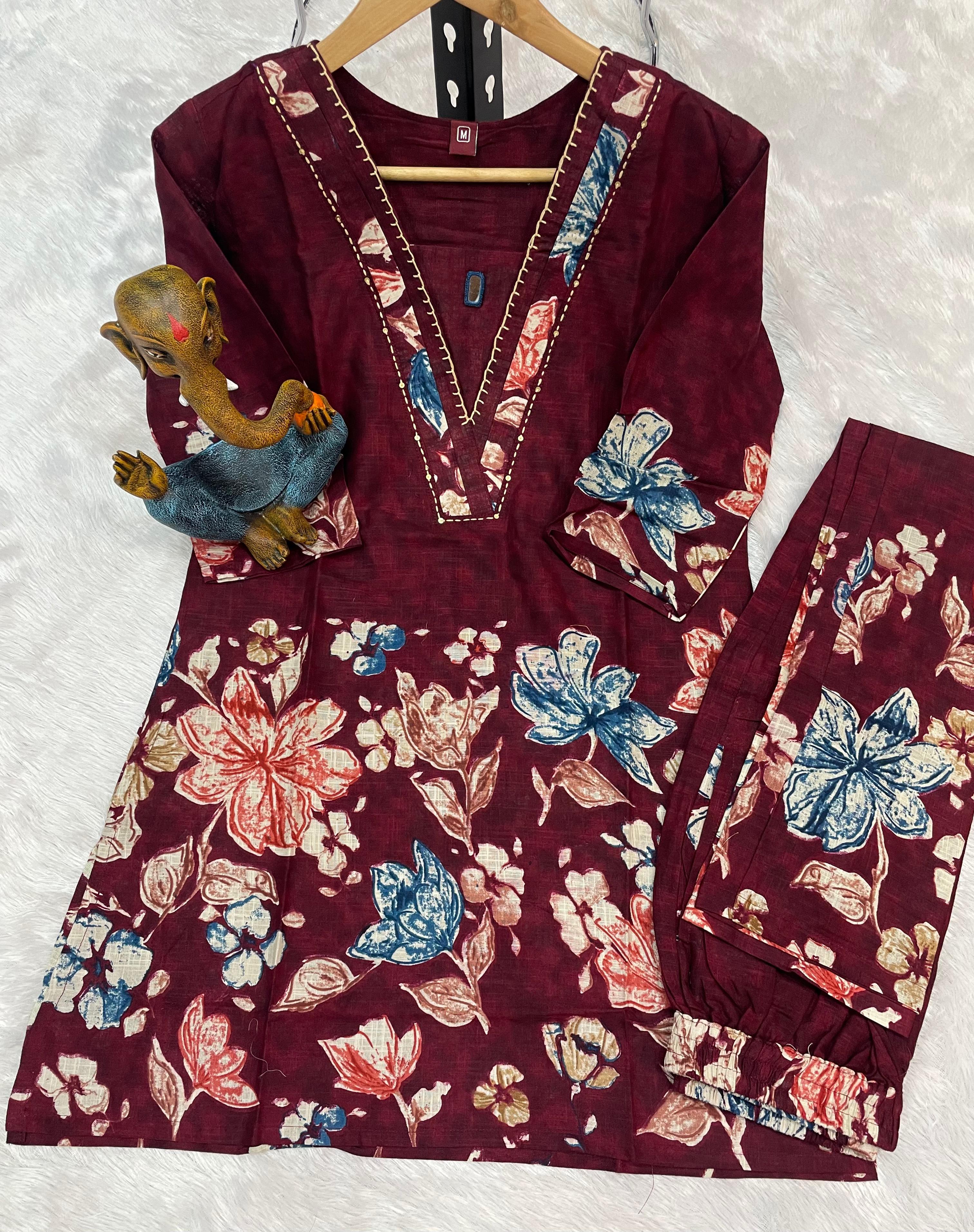 Hanch Pure Cotton Printed Co-Ords Set – Maroon