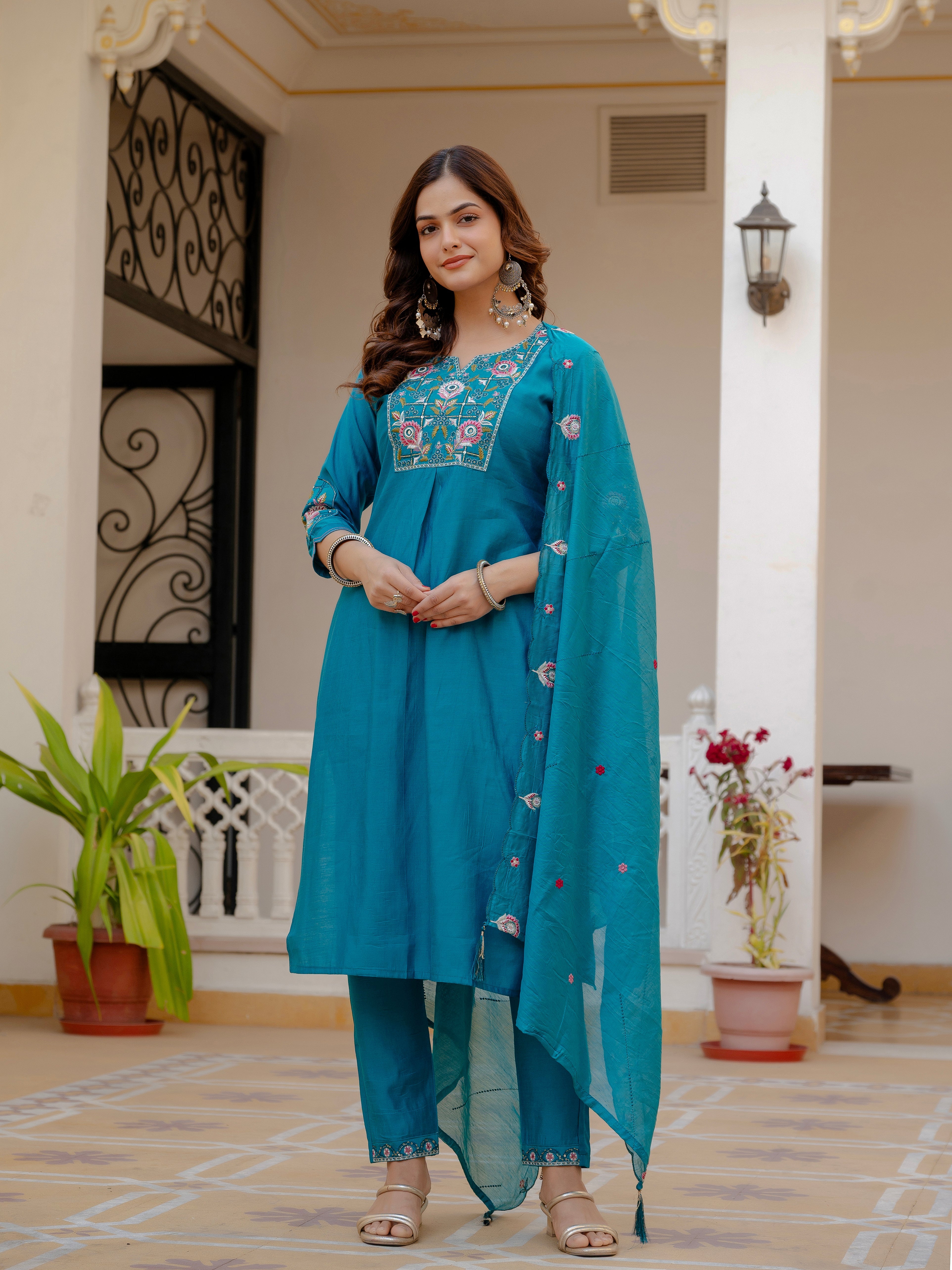 Hanch Pure Viscose Mango Silk Embroidered Straight Kurti Set – Firozi