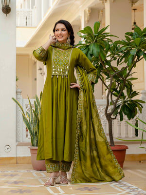 Hanch Viscose Roman Silk Embroidered Anarkali Kurti Set – Mahendi