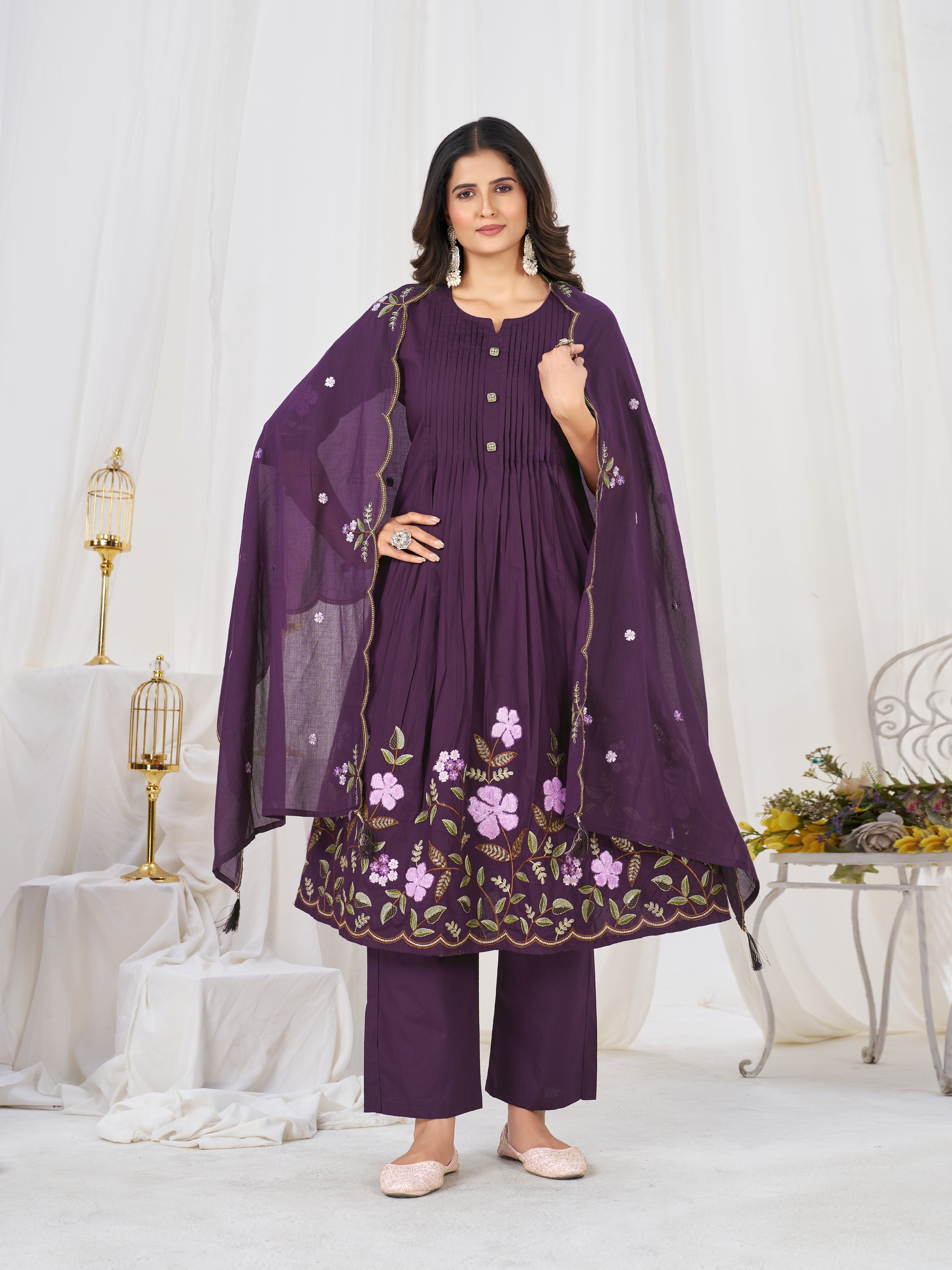 Hanch Pure Cotton Embroidered Anarkali Kurti Set – Purple