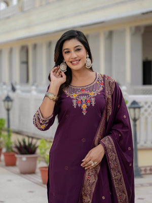 Hanch Premium Roman Silk Embroidered Straight Kurti Set – Wine