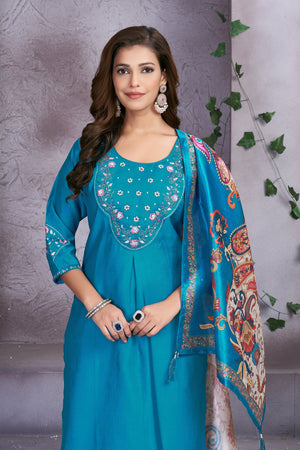Hanch Premium Marina Silk Embroidered Straight Kurti Set – Firozi