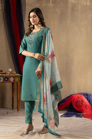 Hanch Shimmer Gold Silk Embroidered Straight Kurti Set – Rama Green
