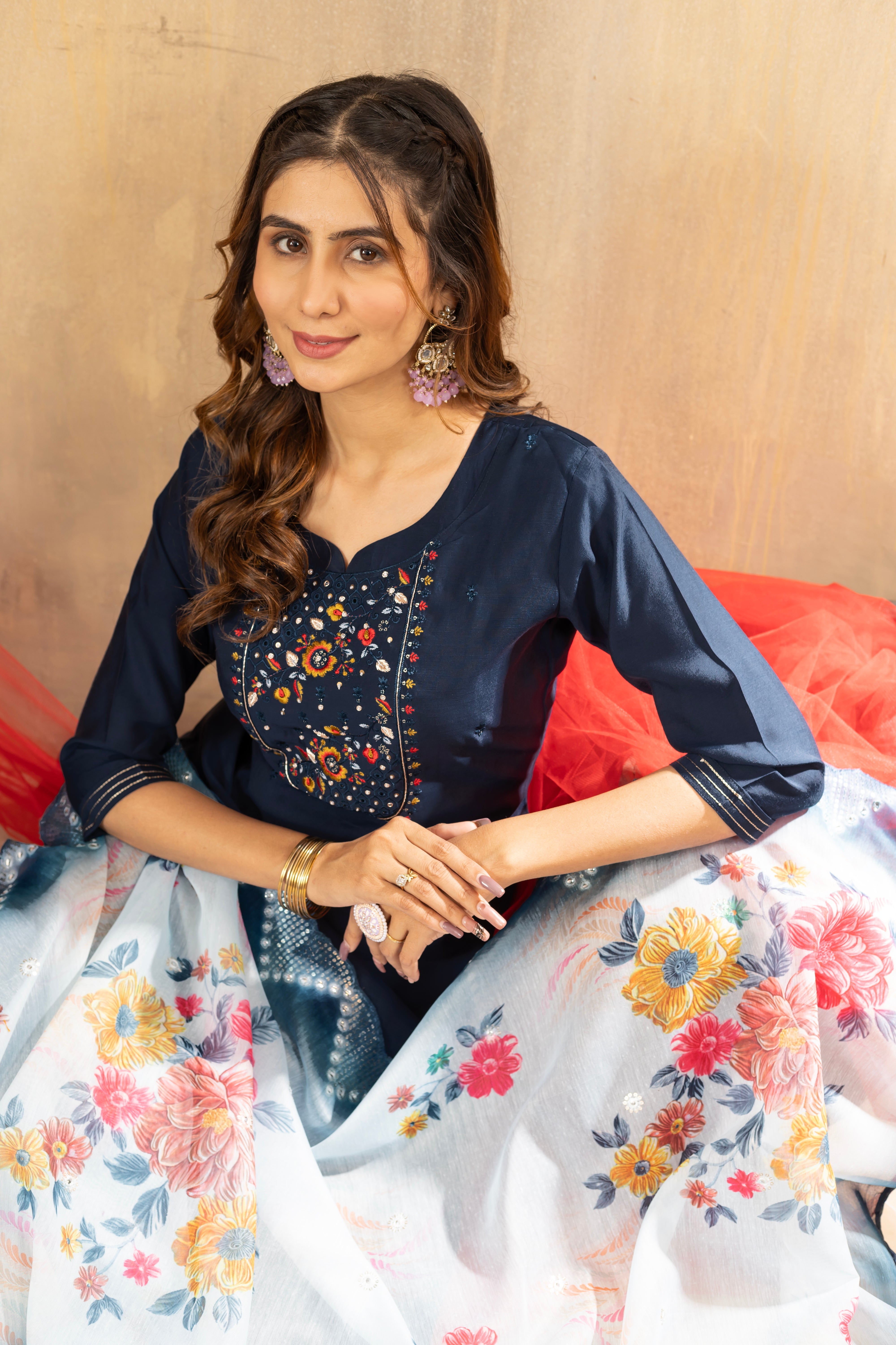 Hanch Viscose Mango Silk Embroidered Straight Kurti Set – Navy Blue