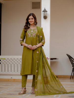 Hanch Pure Viscose Mango Silk Embroidered Straight Kurti Set – Mahendi Green
