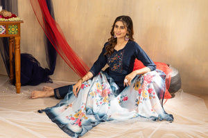 Hanch Viscose Mango Silk Embroidered Straight Kurti Set – Navy Blue