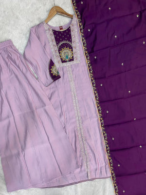Hanch Roman Silk Embroidered Anarkali Kurti Set – Light Lovender