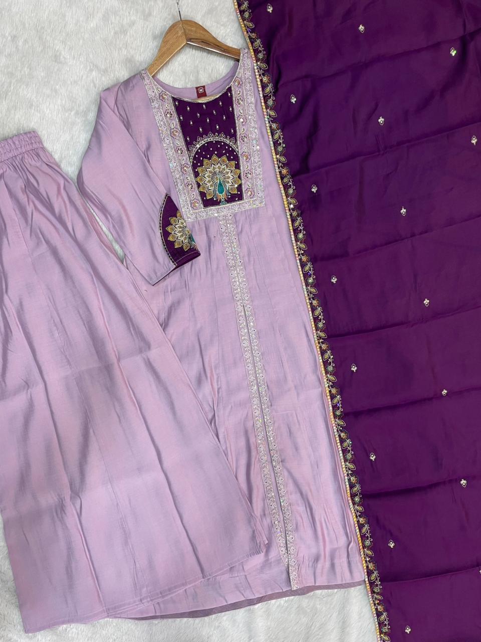 Hanch Roman Silk Embroidered Anarkali Kurti Set – Light Lovender